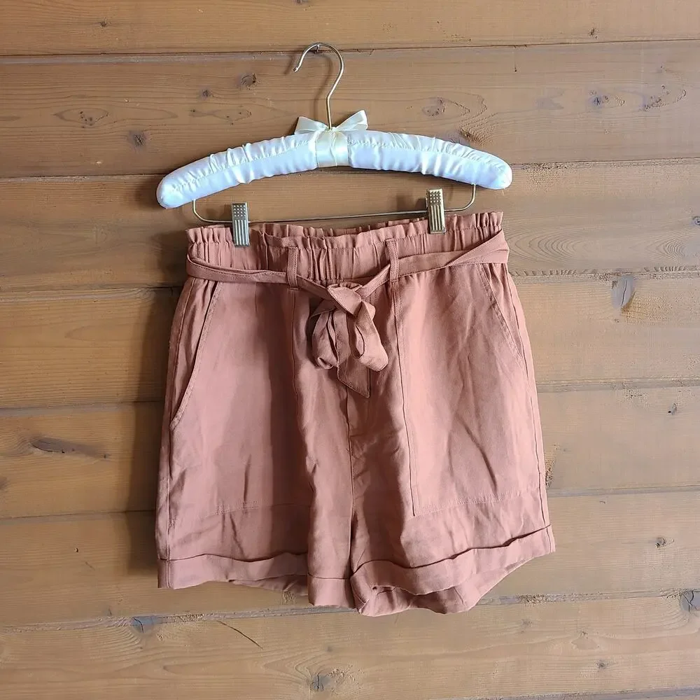 Grade & Gather Shorts Belted Tie Waist Summer Cognac Medium Boho Preppy Pocket - Picture 1 of 4